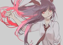Rule 34 | 1girl, animal ears, breasts, collared shirt, grey background, index finger raised, kerok (joniko1110), long hair, looking to the side, medium breasts, multicolored hair, necktie, outstretched arm, pink hair, purple hair, rabbit ears, red eyes, red necktie, reisen udongein inaba, shirt, short sleeves, simple background, solo, touhou, two-tone hair, upper body, white shirt, wind