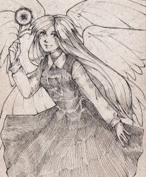 Rule 34 | 1girl, angel wings, beige background, dress, eyebrows, flower, grey background, head wings, holding, holding flower, lionrion, long hair, long sleeves, looking at viewer, monochrome, multiple wings, sariel (touhou), simple background, smile, solo, touhou, touhou (pc-98), white hair, wings