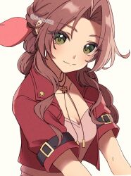 Rule 34 | 1girl, aerith gainsborough, braid, braided ponytail, breasts, brown hair, choker, cleavage, closed mouth, cropped jacket, dress, final fantasy, final fantasy vii, final fantasy vii rebirth, final fantasy vii remake, flower choker, green eyes, hair ribbon, highres, jacket, long hair, looking at viewer, medium breasts, parted bangs, pink dress, pink ribbon, red jacket, ribbon, sana (sanaa653), short sleeves, sidelocks, single braid, smile, solo, twitter username, upper body, wavy hair, white background