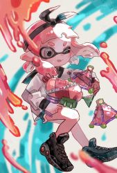 Rule 34 | 1girl, aqua shorts, black footwear, blurry, blurry background, fang, grey eyes, hair ribbon, holding, holding water gun, ink, inkling, inkling girl, inkling player character, jumping, long sleeves, looking to the side, mane, nintendo, one eye closed, open mouth, pink hair, plum0o0, pointy ears, ribbon, sailor collar, shirt, shoes, short hair, short shorts, shorts, smile, solo, splat bomb (splatoon), splatoon (series), splatoon 2, tentacle hair, v-shaped eyebrows, water gun, white background, white shirt