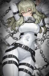 Rule 34 | 1girl, absurdres, belt, black belt, black survival, bodysuit, breasts, brown eyes, chain, character request, commentary, covered navel, crossed bangs, green hair, hair between eyes, highres, looking at viewer, lying, medium breasts, on back, skin tight, solo, thigh belt, thigh strap, tunamayo (dsasd751), white bodysuit