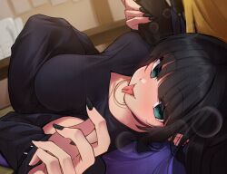 Rule 34 | 1girl, black dress, black hair, black nails, black theme, blunt bangs, blurry, blurry background, blush, bocchi the rock!, breasts, breasts apart, commentary request, dress, dutch angle, ear piercing, eyelashes, eyes visible through hair, fingernails, foreshortening, forked tongue, green eyes, hand up, head tilt, indoors, kootee-on, large breasts, long fingernails, long sleeves, looking at viewer, lying, nail polish, nose blush, on back, pa-san, piercing, sidelocks, solo, tongue, tongue out
