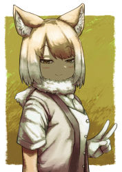 Rule 34 | 1girl, animal ear fluff, animal ears, arm at side, border, brown hair, buttons, closed mouth, elbow gloves, fox ears, fur scarf, gloves, hand up, kemono friends, looking at viewer, medium hair, multicolored hair, necktie, parted bangs, render hatch, scarf, shirt, short sleeves, smile, solo, tibetan fox (kemono friends), two-tone hair, upper body, v, vest, white hair, white necktie, yellow eyes