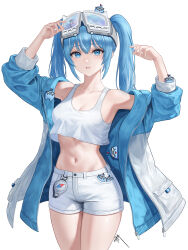 1girl absurdres arahashi_tabi armpits arms_up bare_shoulders blue_eyes blue_hair blue_jacket breasts cleavage collarbone cowboy_shot crop_top crop_top_overhang eruthu goggles goggles_on_head highres jacket layered_clothes long_hair long_sleeves looking_at_viewer medium_breasts midriff multicolored_clothes multicolored_jacket navel off_shoulder open_clothes open_jacket parted_lips pungdangi_(arahashi_tabi) shirt short_shorts shorts sidelocks simple_background sleeveless sleeveless_shirt solo standing stellive stomach thighs twintails two-tone_jacket virtual_youtuber white_background white_jacket white_shirt white_shorts