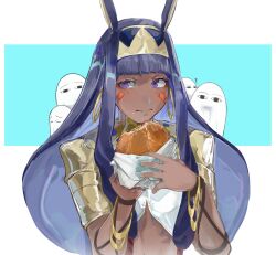 Rule 34 | &lt;o&gt; &lt;o&gt;, 1girl, ?, absurdres, animal ears, blue background, blunt bangs, border, burger, closed eyes, closed mouth, commentary, dark-skinned female, dark skin, earrings, egyptian clothes, english commentary, facial mark, fate/grand order, fate (series), food, food on face, gold bracelet, gold earrings, hairband, hands up, highres, holding, holding food, hoop earrings, jackal ears, jewelry, light blush, long hair, looking at viewer, looking to the side, medjed (fate), nitocris (fate), outside border, purple eyes, purple hair, sidelocks, solo focus, swimnemo, upper body, usekh collar, white border, yellow hairband
