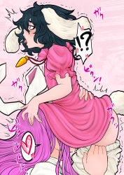 Rule 34 | !?, 2girls, absurdres, age difference, animal ears, black hair, bloomers, blush, carrot necklace, cowboy shot, cunnilingus, dress, floppy ears, frilled sleeves, frills, hair between eyes, highres, inaba tewi, jewelry, miazuma sarin, multiple girls, necklace, onee-loli, open mouth, oral, pink background, pink dress, puffy short sleeves, puffy sleeves, purple hair, rabbit ears, rabbit girl, rabbit tail, red eyes, reisen udongein inaba, shirt, short hair, short sleeves, tail, third-party source, tongue, tongue out, touhou, underwear, wavy hair, white shirt, yuri