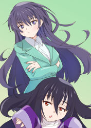 Rule 34 | 1girl, alternate eye color, bandaged head, bandaged neck, bandages, black hair, blue jacket, breasts, business suit, commentary request, dual persona, formal, gradient background, green background, highres, jacket, large breasts, long hair, looking at viewer, multiple views, office lady, open mouth, purple eyes, purple hair, red eyes, shirt, simple background, sleeves past wrists, soumanantoka, striped clothes, striped shirt, suit, time paradox, upper body, very long hair, white shirt, yamada tae, zombie land saga, zombie land saga gaiden
