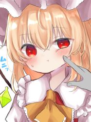 Rule 34 | 1girl, ascot, blonde hair, blush, cheek poking, closed mouth, collared shirt, commentary request, crossed bangs, crystal, dorowa (drawerslove), dress, eyes visible through hair, fingernails, flandre scarlet, frills, hair between eyes, hat, highres, jewelry, looking at viewer, mob cap, one eye closed, pointing, poking, puffy short sleeves, puffy sleeves, red dress, red eyes, shirt, short hair, short sleeves, solo, sweat, sweatdrop, touhou, upper body, white hat, wings, yellow ascot