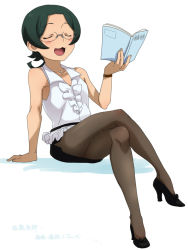 Rule 34 | 10s, 1boy, :3, @@@, arm support, bad id, bad pixiv id, black pantyhose, blush, book, closed eyes, crossdressing, crossed legs, full body, glasses, green hair, gundam, gundam build fighters, high heels, jewelry, male focus, miniskirt, necklace, pantyhose, short hair, simple background, sitting, skirt, smile, solo, trap, watch, white background, wristwatch, yasaka mao