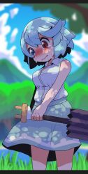 Rule 34 | 1girl, absurdres, blue eyes, blue hair, blue skirt, blue sky, blush, breasts, cloud, commentary request, cookie (touhou), cowboy shot, crying, crying with eyes open, grass, heterochromia, highres, holding, holding umbrella, large breasts, looking down, mioto (cookie), mountain, no vest, nose blush, onaji (sokudo seigen), outdoors, purple umbrella, red eyes, shirt, short hair, skirt, sky, sleeveless, sleeveless shirt, solo, tatara kogasa, tearing up, tears, touhou, tree, umbrella, wavy mouth, white shirt