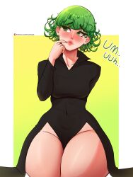 Rule 34 | 1girl, absurdres, blush, breasts, dress, fraankyy, green eyes, green hair, highres, lipstick, looking away, makeup, medium breasts, midriff, one-punch man, open clothes, open dress, short hair, shy, solo, tatsumaki, thick thighs, thighs, thinking, tight clothes, tight dress, wide hips