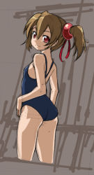 Rule 34 | 10s, 1girl, ass, bare shoulders, blue one-piece swimsuit, blue school swimsuit, brown hair, cowboy shot, cropped legs, from behind, hair ribbon, looking at viewer, looking back, one-piece swimsuit, red eyes, ribbon, rohitsuka, school swimsuit, silica, sketch, smile, solo, swimsuit, sword art online, twintails