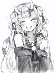 Rule 34 | 1girl, :d, bad id, bad twitter id, bell, blush, closed eyes, facing viewer, greyscale, hair bell, hair ornament, head tilt, highres, hololive, horns, japanese clothes, jingle bell, kimono, monochrome, nakiri ayame, nakiri ayame (1st costume), nanashi (nlo), oni, open mouth, simple background, skin-covered horns, smile, solo, upper body, virtual youtuber, white background