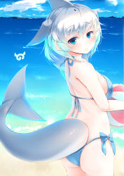 Rule 34 | 10s, 1girl, absurdres, ball, beachball, bikini, blue bikini, blue eyes, blue hair, blue sky, cetacean tail, cloud, commentary request, common bottlenose dolphin (kemono friends), day, fins, fish tail, from behind, gradient hair, head fins, highres, japari symbol, kanzakietc, kemono friends, kemono friends 2, looking at viewer, looking back, multicolored hair, outdoors, short hair, side-tie bikini bottom, silver hair, sky, solo, swimsuit, tail