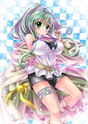 Rule 34 | 1girl, bare shoulders, blouse, blush, breasts, checkered background, choker, crown, duel monster, fingerless gloves, gloves, green eyes, green hair, jacket, jewelry, kogarashi (wind of winter), large breasts, long hair, matching hair/eyes, pendant, ponytail, shirt, smile, solo, source request, tiara, winda priestess of gusto, yu-gi-oh!, yu-gi-oh! duel monsters