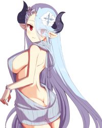 Rule 34 | 10s, 1girl, ass, backless outfit, bad id, bad pixiv id, bare back, bare shoulders, breasts, butt crack, cowboy shot, draph, dress, eyes visible through hair, flower, granblue fantasy, hair flower, hair ornament, hair over one eye, izmir, large breasts, long hair, looking at viewer, meme attire, nachisuke (nachi comic), naked sweater, pointy ears, red eyes, ribbed sweater, sideboob, solo, sweater, sweater dress, turtleneck, turtleneck sweater, virgin killer sweater, white background