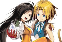 Rule 34 | 1boy, 1girl, black hair, blonde hair, blue eyes, bodysuit, breasts, closed mouth, final fantasy, final fantasy ix, garnet til alexandros xvii, gloves, jewelry, long hair, looking at viewer, monkey tail, open mouth, simple background, smile, tail, tokiti, white background, zidane tribal