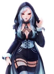 Rule 34 | 1girl, black nails, black sclera, breasts, cleavage, coat, collar, colored sclera, corset, cowboy shot, female focus, garter straps, genderswap, genderswap (mtf), hood, jojo no kimyou na bouken, large breasts, lips, lipstick, long coat, looking at viewer, makeup, nail polish, parted lips, red eyes, red lips, risotto nero, rokiru, short shorts, shorts, silver hair, simple background, skindentation, solo, standing, thighhighs, thighs, white background