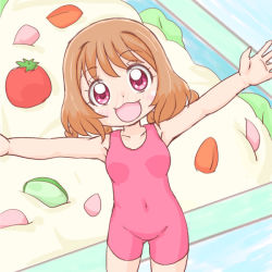 Rule 34 | 1girl, covered navel, delicious party precure, hanamichi ran, one-piece swimsuit, pink one-piece swimsuit, precure, swimsuit, tomato, unitard