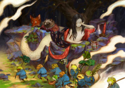 Rule 34 | 1girl, black hair, branch, breasts, fantasy, flower, fox, frog, head rest, holding, holding branch, holding flower, lamia, long hair, looking down, lying, mogoshin, monster girl, multiple others, nipples, on stomach, original, outdoors, raccoon, red shawl, shawl, small breasts, smoke, topless, tree, vase, wet, wet hair, white flower