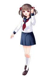 Rule 34 | 1girl, :d, arm up, blue sailor collar, blue skirt, bow, breasts, brown footwear, brown hair, clip studio paint (medium), commentary request, hair bow, highres, index finger raised, kneehighs, loafers, long sleeves, looking at viewer, misaki (misaki86), open mouth, original, pleated skirt, purple eyes, red bow, sailor collar, shirt, shoes, simple background, skirt, small breasts, smile, socks, solo, standing, two side up, white background, white shirt, white socks