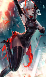 Rule 34 | + +, 1girl, ambience synesthesia, antenna hair, arknights, arm up, armpits, artist name, asymmetrical gloves, black footwear, black gloves, boots, breasts, commentary, demon tail, domino mask, ehrrr, elbow gloves, english commentary, explosion, gloves, hand on own cheek, hand on own face, high heel boots, high heels, highres, holding, holding mask, horns, looking at viewer, mask, medium breasts, mismatched gloves, multicolored hair, official alternate costume, parted lips, red eyes, red hair, short hair, smile, solo, tail, thigh boots, twitter username, two-tone hair, unworn mask, w (arknights), w (wanted) (arknights), white hair