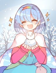 Rule 34 | 1girl, beiebeid, blue hair, blush, closed mouth, commentary request, day, facing viewer, hairband, holding snowman, long sleeves, open mouth, outdoors, short hair, smile, snow, snowman, solo, tenkyuu chimata, touhou, tree