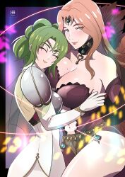 Rule 34 | 2girls, absurdres, armor, asymmetrical docking, bare shoulders, blue eyes, blush, breast press, breasts, cape, circlet, cleavage, collarbone, commission, cornelia arnim, detached sleeves, dress, elbow gloves, feather trim, feathers, fire emblem, fire emblem: the sacred stones, fire emblem: three houses, gloves, green hair, head on chest, highres, holding to chest, ihsnet, jewelry, key, key necklace, l&#039;arachel (fire emblem), large breasts, long hair, looking at viewer, magic, mature female, medium breasts, mole, mole above mouth, mole on breast, multiple girls, navel, necklace, nintendo, pink hair, plunging neckline, ponytail, side slit, smile, thighs, white gloves, yuri