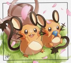 Rule 34 | :d, berry (pokemon), brown eyes, commentary request, creatures (company), dedenne, falling petals, framed, game freak, gen 6 pokemon, grass, highres, holding, kuchiba (jret2454), nintendo, open mouth, oran berry, petals, pokemon, sitting, smile, watering can