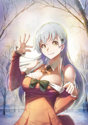 Rule 34 | 1girl, alternate costume, aqua hair, ascot, bare shoulders, breasts, christmas, cleavage, clothes pull, detached collar, detached sleeves, dress, dress pull, forest, green hair, grin, hair between eyes, hair ornament, hairclip, highres, kantai collection, large breasts, long hair, looking at viewer, medium breasts, nature, outdoors, red dress, ribbon, santa costume, smile, snow, solo, spaghetti strap, suzuya (kancolle), tree, upper body, winter, yamakou (yamakou e2), yellow eyes
