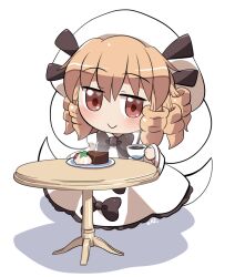 Rule 34 | 1girl, blonde hair, cake, cake slice, cup, dress, drill hair, fairy, fairy wings, food, hat, highres, holding, holding cup, long hair, long sleeves, luna child, red eyes, rokugou daisuke, signature, simple background, solo, table, touhou, white background, white dress, white hat, wings