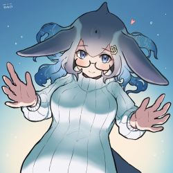 Rule 34 | 1girl, anchor hair ornament, blowhole, blue eyes, blue whale (kemono friends), blush, closed mouth, commentary request, dated, dorsal fin, glasses, grey hair, hair ornament, heart, highres, kemono friends, kurosaki 71, long hair, long sleeves, looking at viewer, multicolored hair, outstretched arms, ribbed sweater, semi-rimless eyewear, smile, solo, sweater, turtleneck, turtleneck sweater, upper body, whale girl, white hair, white sweater