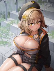 Rule 34 | 1girl, ahoge, angoha, anis (nikke), beret, black jacket, black shorts, breasts, brown eyes, brown hair, closed mouth, goddess of victory: nikke, hat, highres, jacket, large breasts, long sleeves, looking at viewer, outdoors, shadow, short hair, shorts, sitting, sitting on stairs, smile, solo, stairs, tiles