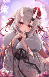 Rule 34 | 1girl, absurdres, blurry, blurry foreground, commentary request, double bun, floral print, fumi (fumibeing), gradient hair, hair between eyes, hair bun, hair ribbon, highres, hololive, horns, japanese clothes, kimono, long hair, looking at viewer, mask, mask on head, multicolored hair, nakiri ayame, oni mask, own hands together, red eyes, red hair, red nails, ribbon, sidelocks, skin-covered horns, solo, virtual youtuber, white hair, white kimono