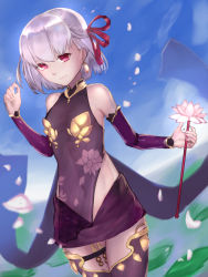 Rule 34 | 1girl, aito, bare shoulders, breasts, commentary request, day, detached sleeves, dress, earrings, fate/grand order, fate (series), hair between eyes, hair ribbon, highres, holding, jewelry, kama (fate), kama (first ascension) (fate), looking at viewer, navel, outdoors, purple dress, red eyes, red ribbon, ribbon, see-through, short hair, silver hair, sky, small breasts, smile, solo, thighhighs