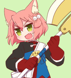 Rule 34 | 1girl, 7th dragon, 7th dragon (series), :d, animal ear fluff, animal ears, axe, belt, belt buckle, blue jacket, blush, buckle, cat ears, fang, fighter (7th dragon), gloves, green background, green eyes, hair between eyes, hair bobbles, hair ornament, harukara (7th dragon), highres, holding, holding axe, jacket, long sleeves, looking away, naga u, one side up, open mouth, pink hair, red gloves, simple background, smile, solo, two-handed, upper body, v-shaped eyebrows, white belt