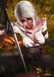 Rule 34 | 1girl, black gloves, bra strap, ciri, gloves, grey eyes, highres, holding, holding sword, holding weapon, looking to the side, monori rogue, open clothes, open shirt, sitting, solo, sword, the witcher (series), the witcher 3, weapon, white hair