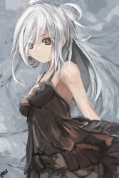 Rule 34 | 10s, 1girl, alternate costume, asashimo (kancolle), bare shoulders, black dress, breasts, brown eyes, dress, eyebrows, gown, hair between eyes, hair over one eye, kantai collection, long hair, looking at viewer, ponytail, solo, tareme, white hair, yanagi wakana