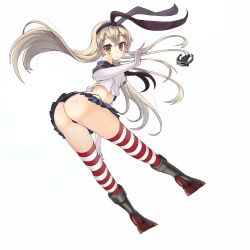 Rule 34 | 10s, 1girl, anchor, ass, black panties, blonde hair, boots, elbow gloves, full body, gloves, grey footwear, hairband, highres, kantai collection, long hair, looking at viewer, md5 mismatch, panties, pantyshot, personification, resolution mismatch, sakuhiko, shimakaze (kancolle), simple background, skirt, smile, solo, source smaller, striped clothes, striped thighhighs, thighhighs, thong, underwear, upskirt, white background, yellow eyes