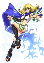 Rule 34 | 1girl, blonde hair, blue eyes, blue scarf, breasts, electricity, full body, kid icarus, kid icarus uprising, looking at viewer, mazume, medium breasts, midriff, navel, nintendo, phosphora, plant, scarf, shorts, solo, vines, white background, white shorts
