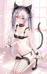 Rule 34 | 1girl, absurdres, animal ears, arm at side, bare arms, bare shoulders, bikini, black bikini, black choker, black footwear, black hairband, black nails, black ribbon, black tail, black thighhighs, black wrist cuffs, blurry, blurry background, blush, breasts, bridal garter, cat tail, choker, closed mouth, collarbone, cross-laced clothes, crossed bangs, curtains, dot nose, fake animal ears, fingernails, fishnets, frilled bikini, frilled choker, frilled hairband, frills, front-tie bikini top, front-tie top, grey hair, hair ribbon, hairband, high heels, highres, kneeling, lis 111, long fingernails, long hair, looking at viewer, nail polish, navel, neck ribbon, original, red eyes, red ribbon, ribbon, side-tie bikini bottom, sidelocks, small breasts, solo, stomach, straight hair, string bikini, sunlight, swimsuit, tail, tail ornament, tail raised, tail ribbon, thighhighs, thighs, twintails, underwear, very long hair, window, wrist cuffs