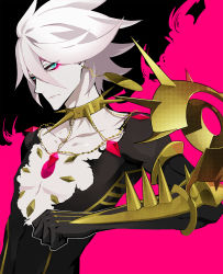 Rule 34 | 1boy, armor, bishounen, blue eyes, closed mouth, collar, commentary request, earrings, fate/apocrypha, fate (series), highres, jewelry, karna (fate), lam (ramdayo), looking at viewer, male focus, muscular, short hair, shoulder armor, solo, spiked collar, spikes, upper body, white hair