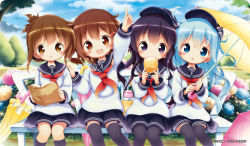 Rule 34 | 4girls, :d, :o, aikei ake, akatsuki (kancolle), anchor symbol, arm up, bench, black hat, black sailor collar, black skirt, black socks, blue eyes, blue flower, blue hair, blue sky, blush, brown eyes, brown hair, closed umbrella, cloud, commentary request, covered mouth, day, drinking, flat cap, flower, folded ponytail, hair between eyes, hat, head tilt, hibiki (kancolle), holding, holding umbrella, hydrangea, ikazuchi (kancolle), inazuma (kancolle), index finger raised, kantai collection, kneehighs, long hair, long sleeves, multiple girls, neckerchief, on bench, open mouth, outdoors, outstretched arm, pantyhose, parted lips, pink flower, pink umbrella, pleated skirt, purple eyes, purple hair, red neckerchief, sailor collar, school uniform, serafuku, shirt, sitting, skirt, sky, smile, socks, thermos, thighhighs, umbrella, very long hair, white shirt, yellow flower, yellow umbrella