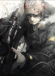 Rule 34 | 1boy, baseball cap, beard, black hair, black jacket, blood, blood on clothes, blood on face, blood on hands, breath, brown hat, commentary request, cover, cover page, facial hair, fur-trimmed jacket, fur trim, grey eyes, gun, hair between eyes, hat, highres, holding, holding gun, holding weapon, jacket, long sleeves, male focus, matagi of the dead, novel cover, novel illustration, official art, rifle, sanshouuo, scope, sniper rifle, solo, uryu samon, v-shaped eyebrows, weapon