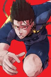 Rule 34 | 1boy, barou shouei, black hair, blue lock, chain, cleaned, clenched teeth, collar, eyebrows, fingernails, full body, hair up, highres, jersey, looking at viewer, male focus, nomura yuusuke, official art, pale skin, parted lips, red background, red eyes, running, serious, shirt, shorts, simple background, soccer uniform, solo, solo focus, spiked hair, sportswear, sweat, teeth, textless version