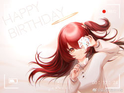 Rule 34 | alternate costume, alternate hair length, alternate hairstyle, arknights, blue nails, chinese commentary, closed mouth, commentary request, exusiai (arknights), hair over one eye, halo, happy birthday, holding cube, long hair, long sleeves, looking at viewer, nail polish, one side up, orange eyes, red hair, shirt, smile, solo, upper body, viewfinder, weibo watermark, white shirt