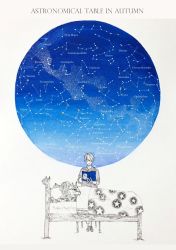 Rule 34 | 1girl, aquarius (constellation), aries (constellation), bad id, bad pixiv id, bed, capricorn (constellation), english text, highres, holding, holding stuffed toy, lly blue, milky way, monochrome, original, painting (medium), pisces (constellation), reading, sagittarius (constellation), star (sky), star chart, stuffed animal, stuffed rabbit, stuffed toy, taurus (constellation), traditional media, watercolor (medium)