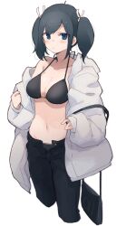 Rule 34 | 1girl, absurdres, bag, black bra, black hair, black pants, blue eyes, blush, bra, breasts, closed mouth, cropped legs, feet out of frame, grey jacket, hair ribbon, highres, jacket, kantai collection, large breasts, long sleeves, ma rukan, medium hair, open clothes, open jacket, pants, ribbon, shoulder bag, signature, simple background, solo, souryuu (kancolle), twintails, underwear, white background, white ribbon