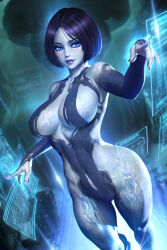 Rule 34 | 1girl, black hair, blue eyes, blurry, blurry background, breasts, circuit, colored skin, commentary, cortana, english commentary, grey nails, grey skin, halo (series), halo 4, highres, hologram, holographic interface, holographic touchscreen, large breasts, navel, neoartcore, paid reward available, patreon username, purple lips, short hair, solo, wide hips