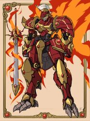 Rule 34 | absurdres, apoloniodraws, border, brown background, clenched hands, fantasy, fiery wings, fire, full body, highres, magic knight rayearth, mashin, mecha, no humans, outside border, rayearth (character), red eyes, robot, solo, sword, weapon, wings